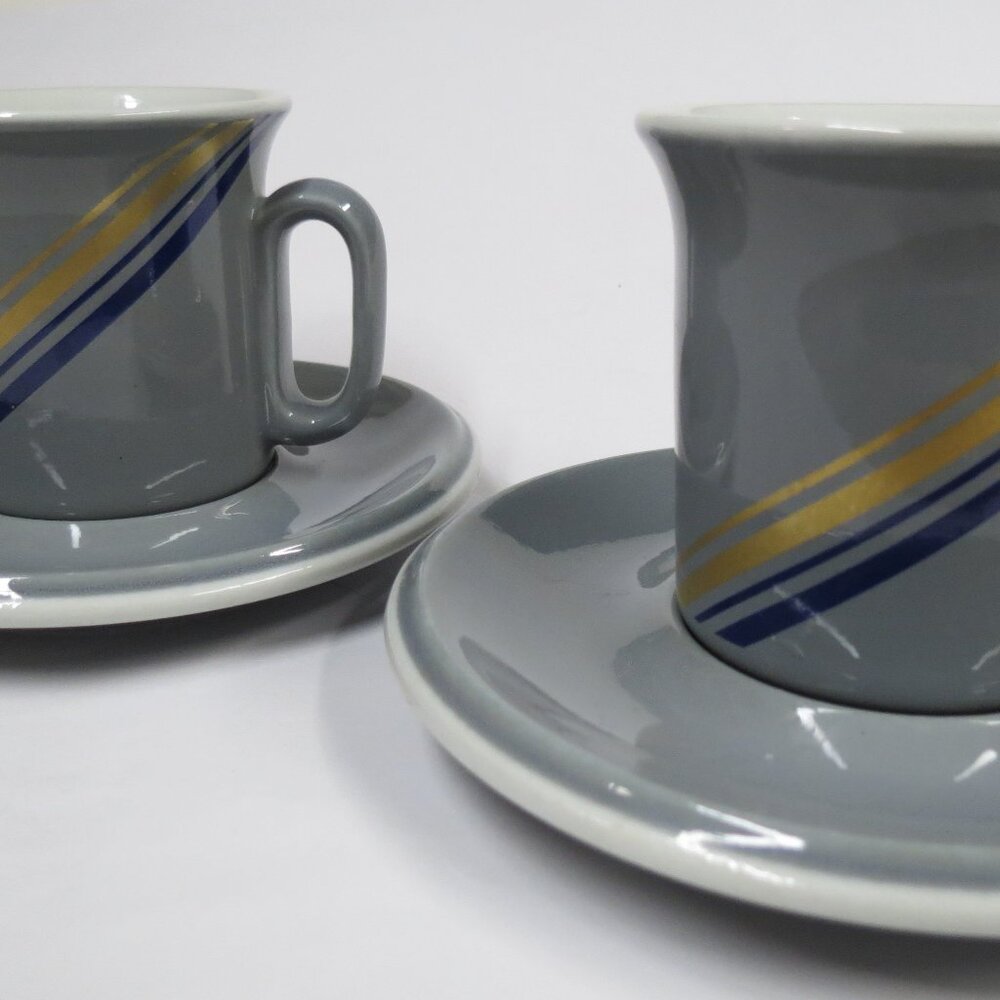 Gray (2) Espresso Cups & Saucers ACF ITALY Gold Blue VTG Hard to Find